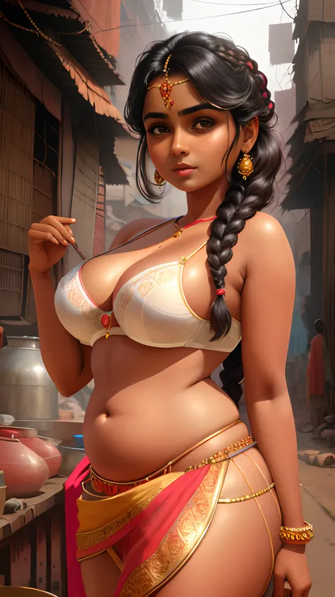 Beautiful indian woman, portrait, bra and skirt, detailed face, cute, big eyes, iconic, photorealistic, slum alley, detailed background, big chest, big belly, braid hair, semi nude body, symmetric face, masterpiece, 8k, ultra realistic