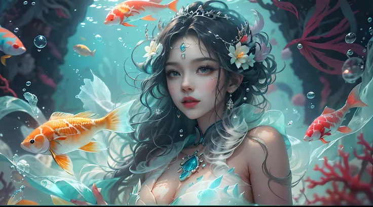 ModelShoot style, (Extremely detailed Cg Unity 8K wallpaper), 1 queen avatar，diadems，curlies，Long hair flowing in the water，Long curly hair fluttering in the water,A chaotic storm of intricate liquid smoke in the head, Stylized beautiful full-length abstra...