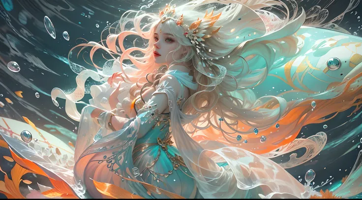 ModelShoot style, (Extremely detailed Cg Unity 8K wallpaper), 1 queen avatar，diadems，curlies，Long hair flowing in the water，Long curly hair fluttering in the water,A chaotic storm of intricate liquid smoke in the head, Stylized beautiful full-length abstra...