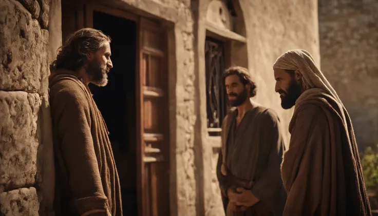 Two disciples of Jesus Christ in the city of Canan, In front of the door of a poor house, simples, Biblical characters