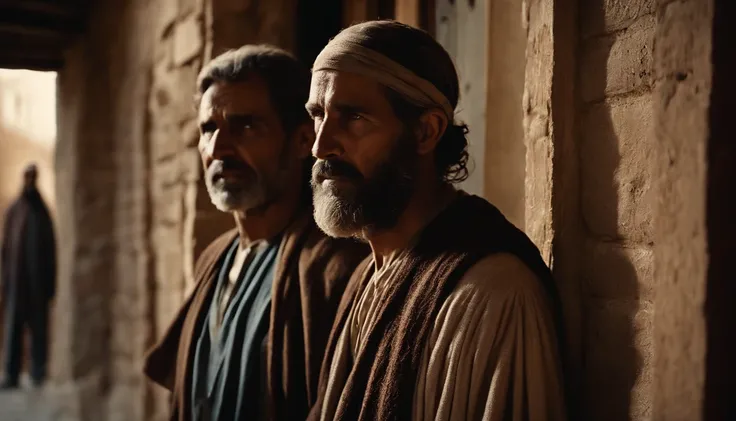 Two disciples of Jesus Christ in the city of Canan, In front of the door of a poor house, simples, Biblical characters