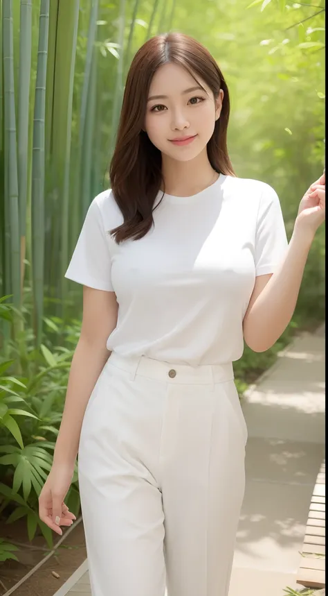 a pregirl，, ssmile, looking at viewert, white  shirt,Loose slacks,athletic sneakers， photore, realisticlying, Best quality at best, employee, 详细的脸,Standing in a bamboo forest, diffuselighting, depth of fields, Background bokeh