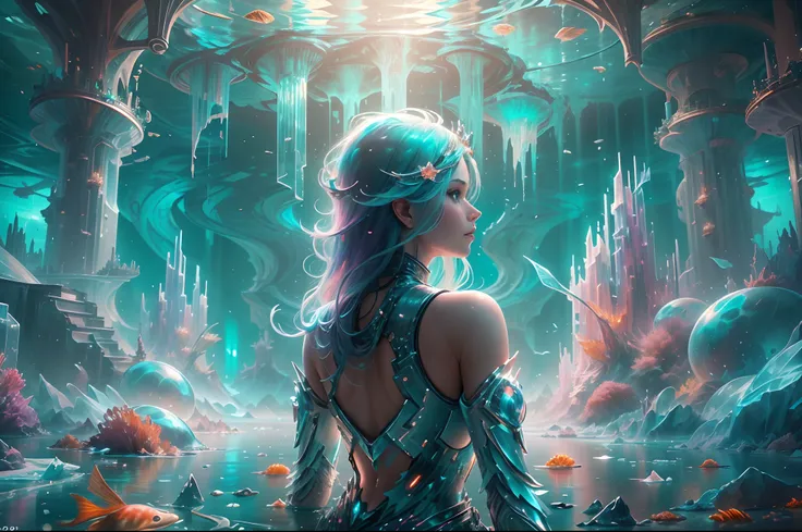 ModelShoot style, (Extremely detailed Cg Unity 8K wallpaper),Beautiful deep sea landscape，Fantastic transparent ethereal queen stylized abstract portrait close-up，The crown of the futuristic queen，Futuristic underwater translucent ice palace close-up,Color...