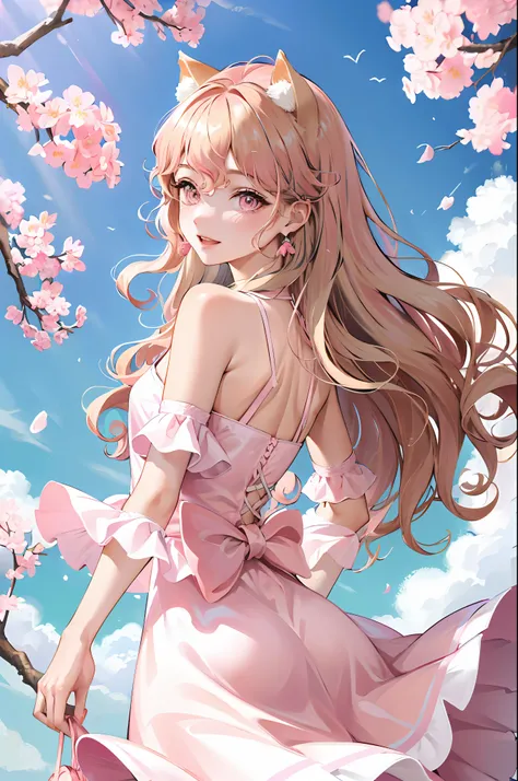 cherry_blossoms, falling_petals, petals, branch, pink_flower, 1girl,20-year-old, blue_sky, spring_(season), petals_on_liquid, flower, hanami, dress, (pink blonde curls:1.5), garland, sky, outdoors, clouds, Bangs, smile, pink eyes, white dress embellished w...