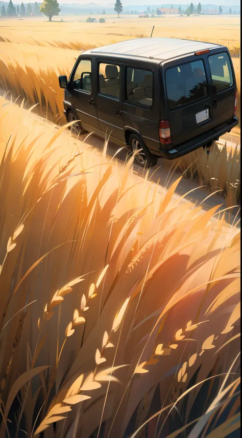 create a back to back van driving on a dirt road with summer wheat fields,grass,houses,tree