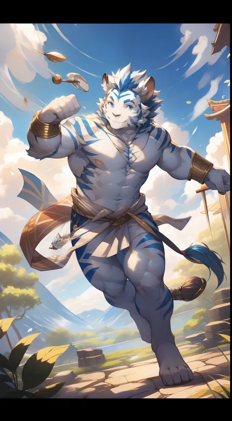 (by null-ghost, by thebigslick, By Darkgem, by Honovy), Kogenta (Onmyoji Oyamaji Temple), high-definition photograph, Perfect anatomy, Anthropomorphic white tiger，ancient god，36 years old，Bare upper body，The pectorals and abs are very strong，White fur，blue...