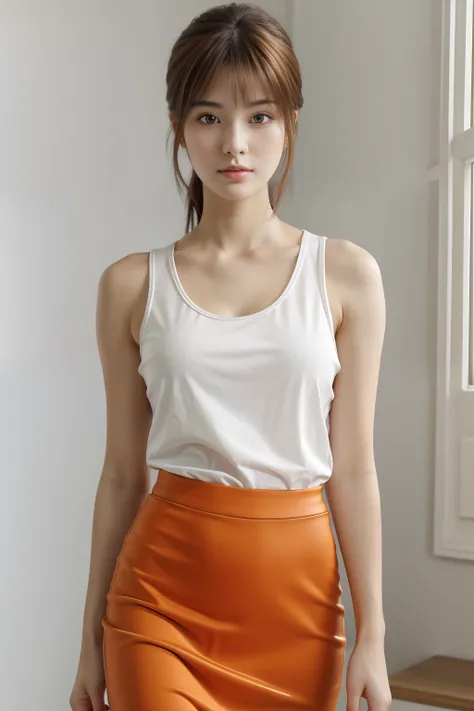 Realistic, Photorealsitic, masutepiece, Best Quality, 超A high resolution, Raw photo, Face Focus, elegent, Full body, (1girl in), 22year old, Tank Tops, Orange Tight Medium Skirt, (Brown hair), (Bangs Hair), Standing, (Smaller bust), Looking at Viewer, Beau...