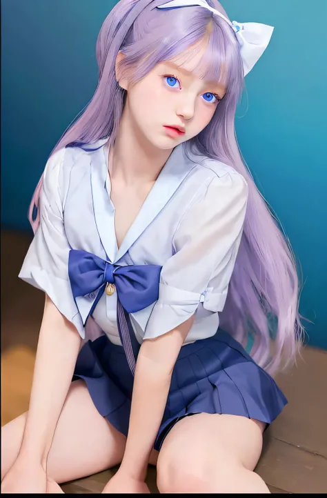 masterpiece, photorealistic, 1girl, dark blue detailed eyes, small nose, bright purple long hair, large chest , beautiful, innocent, short blue schoolgirl skirt, White Snug Button shirt with Big Blue Bow, mind wandering, seventeen years old