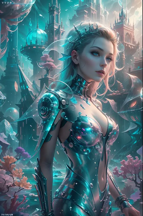 ModelShoot style, (Extremely detailed Cg Unity 8K wallpaper),Beautiful deep sea landscape，Translucent Queen of the Sea，The crown of the futuristic queen，Futuristic underwater translucent ice palace close-up,Colorful tropical fish, Beautiful coral reef in t...