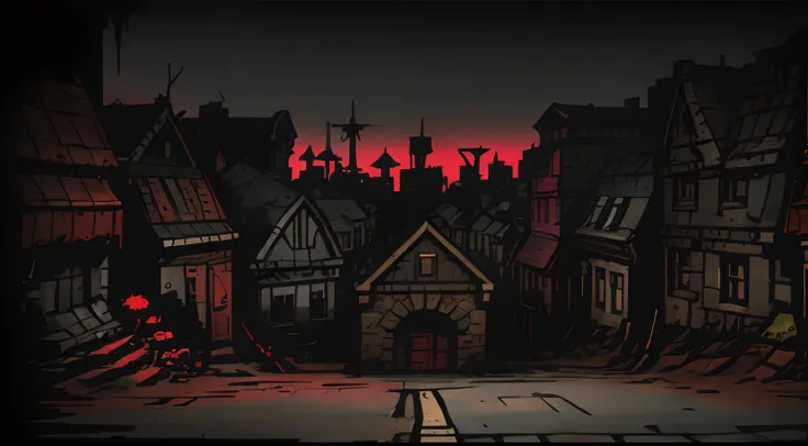 (the darkest dungeon), ddstyle, city ​​street, on the edges of the street houses, landscape, landscape in the background