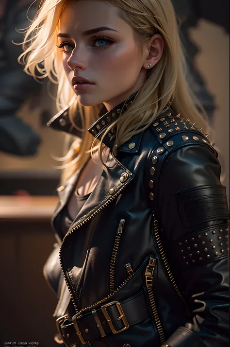 Portrait of a blonde girl. 20 years old, photograph, wearing studded collar, wearing leather shorts, wearing a black leather jacket, wearing boots, punch rivet belt, highly detailed face, depth of field, moody light, golden hour, style by Annie Leibovitz, ...