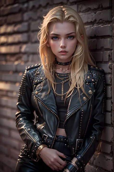 Portrait of a blonde girl. 20 years old, photograph, wearing studded collar, wearing leather shorts, wearing a black leather jacket, wearing boots, punch rivet belt, highly detailed face, depth of field, moody light, golden hour, style by Annie Leibovitz, ...