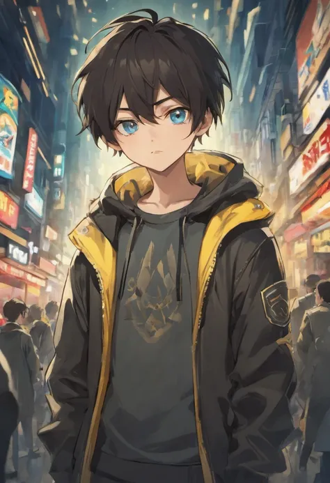 masterpiece, high quality, young boy, shy expression, 2050’s city, day, anime,  Spiky black hair, striking blue eyes, typically seen in a black leather jacket, white t-shirt, jeans, and sneakers, exuding a cool and edgy vibe, 16 years old, 510", male, spy,...