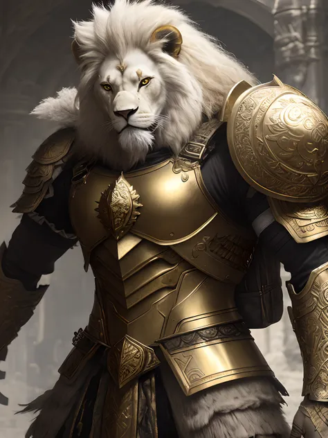 ，gold armor，metalictexture，Lion head, white Hairy，White lion，strong muscular man, street angry, backpack， Carrying a giant sword on his back，Knife at waist, epic realistic, photo, faded, complex stuff around, intricate background, soaking wet, neutral colo...