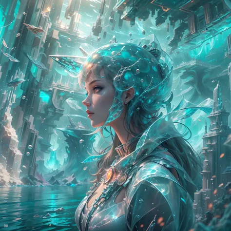 ModelShoot style, (Extremely detailed Cg Unity 8K wallpaper),[snowy mountain landscape，Translucent ethereal mechanical queen，Futurist Queen，Mechanical joints，Futuristic underwater translucent ice palace close-up,Colorful tropical fish, Beautiful coral reef...