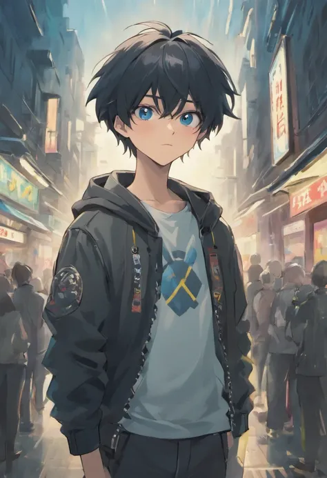 masterpiece, high quality, young boy, shy expression, 2050’s city, day, anime,  Spiky black hair, striking blue eyes, typically seen in a black leather jacket, white t-shirt, jeans, and sneakers, exuding a cool and edgy vibe, 16 years old, 510", male, spy,...