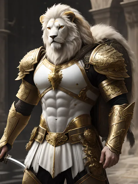 ，gold armor，metalictexture，Lion head, white Hairy，White lion，strong muscular man, street angry, backpack， Carrying a giant sword on his back，Knife at waist, epic realistic, photo, faded, complex stuff around, intricate background, soaking wet, neutral colo...