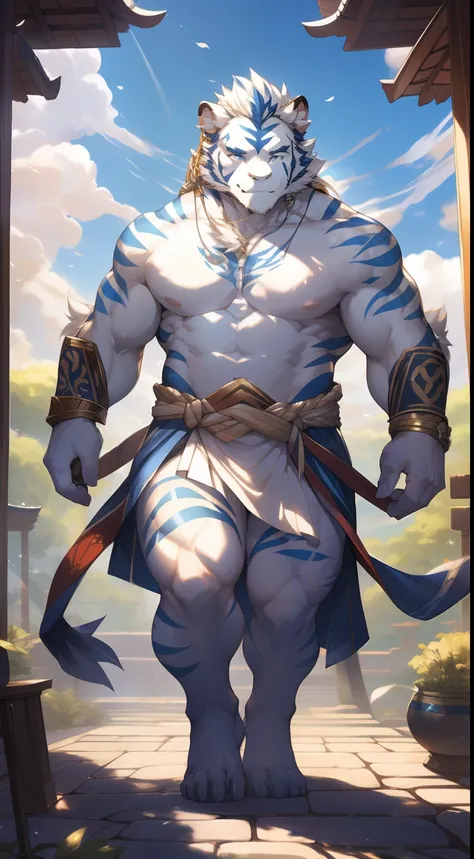 (by null-ghost, by thebigslick, By Darkgem, by Honovy), Kogenta (Onmyoji Oyamaji Temple), high-definition photograph, Perfect anatomy, Anthropomorphic white tiger，ancient god，36 years old，Bare upper body，The pectorals and abs are very strong，White fur，blue...