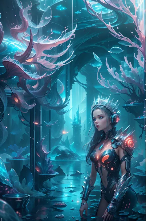 ModelShoot style, (Extremely detailed Cg Unity 8K wallpaper),[snowy mountain landscape，Translucent ethereal mechanical queen，Futuristic queen，Mechanical joints，Futuristic underwater translucent ice palace close-up,Colorful tropical fish, Beautiful coral re...