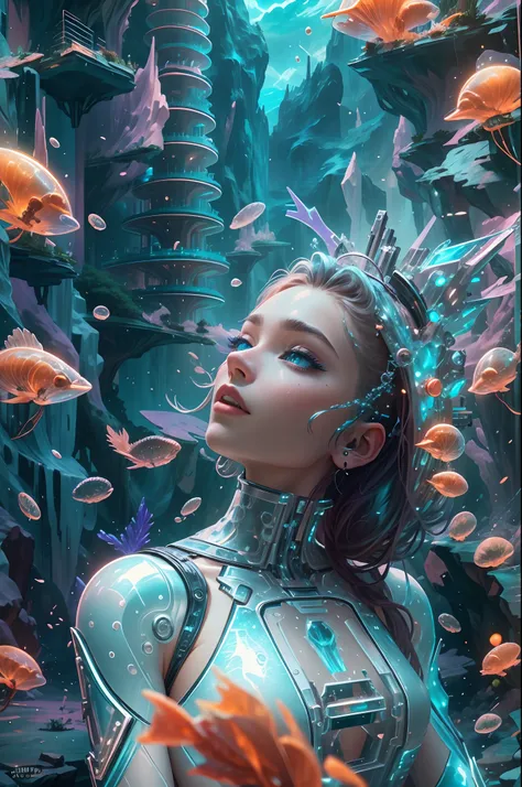 ModelShoot style, (Extremely detailed Cg Unity 8K wallpaper),[snowy mountain landscape，Translucent ethereal mechanical girl，Futuristic girl，Mechanical joints，Futuristic underwater translucent ice palace close-up,Colorful tropical fish, Beautiful coral reef...