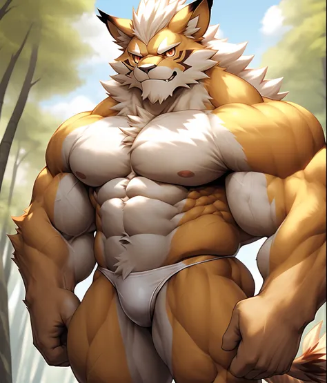 PRO competitive bodybuilder, nj5furry, (Leomon,16 years old, massive, huge, muscular, Gigachad), (((((WHITE THONG))))) Leomon,YOUNG FACE, TEEN, ((extremely realistic shadows, masterpiece, extremely detailed, photorealistic)), kemono, looking at the viewer,...