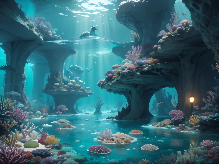 (Masterpiece), (extremly intricate:1.3), (Realistic),((bubbly underwater scenery)),Many large underwater future translucent ice palaces，There are a lot of colorful tropical fish inside, Beautiful coral reef in the background，Futuristic underwater transluce...