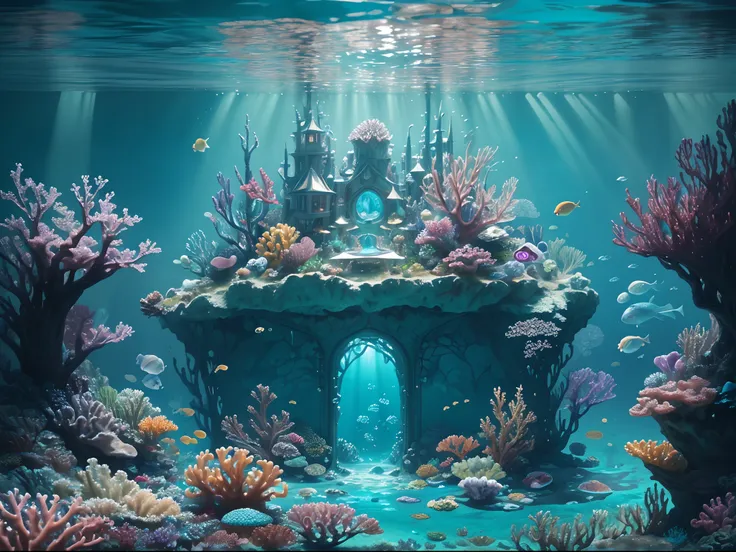 (Masterpiece), (extremly intricate:1.3), (Realistic),((bubbly underwater scenery)),Many large underwater future translucent ice palaces，There are a lot of colorful tropical fish inside, Beautiful coral reef in the background，Futuristic underwater transluce...