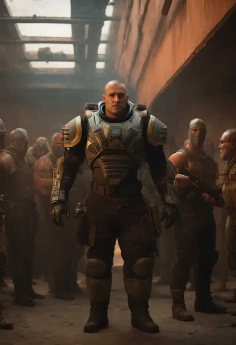 A heavy bulky 8 ft man with ballisyics armor standing in front of the survivor group without the mask in a room of the post apocalyptic building, A big face with buzz cut, russian looking, Clean Shave, Hyper Realistic