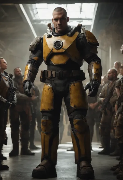 A heavy bulky 8 ft man with ballisyics armor standing in front of the survivor group without the mask in a room of the post apocalyptic building, A big face with buzz cut, russian looking, Clean Shave, Hyper Realistic