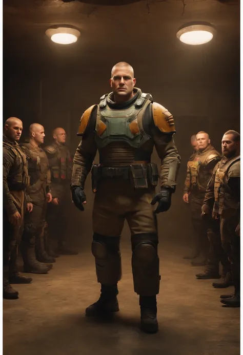 A heavy bulky 8 ft man with ballisyics armor standing in front of the survivor group without the mask in a room of the post apocalyptic building, A big face with buzz cut, russian looking, Clean Shave, Hyper Realistic