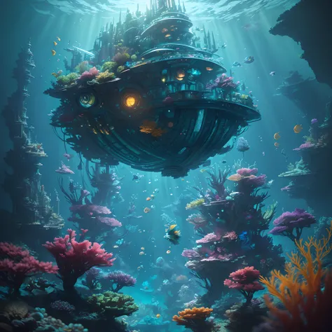 (Masterpiece), (extremly intricate:1.3), (Realistic), There is a large underwater futuristic wonderland，There are a lot of colorful fish inside, an underwater city, futuristic underwater metropolis, an underwater city, Underwater market, Colorful underwate...