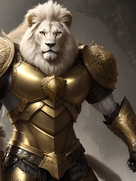 ，gold armor，metalictexture，Lion head, white Hairy，White lion，strong muscular man, street angry, Carrying a giant sword on his back，Knife at waist, epic realistic, photo, faded, complex stuff around, intricate background, soaking wet, neutral colors, ((((hd...