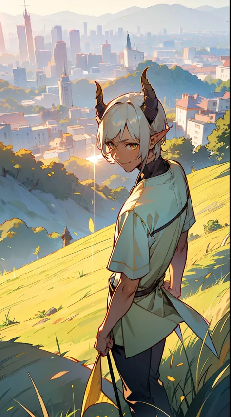 1boy,solo,smile,(tanned skin,medium body,male face),casual outfit,Short hair,platinum blonde hair,yellow eyes,elves ears,horns,(from the back, standing on a hill overlooking a city, grass, sunlight,)