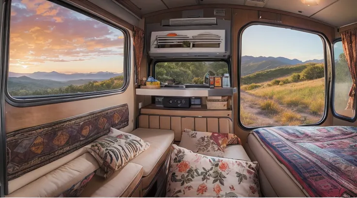 best quality, ultra-detailed, realistic,high-res, photo-realistic:1.37, motor home, traveling scene, colorful, daylight, scenic landscape, sunny weather, highway driving, family vacation, big camper vehicle, spacious interior, luxurious amenities, nature e...