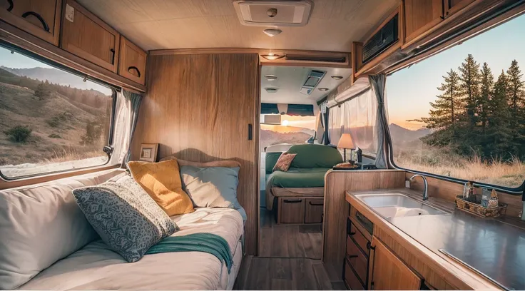 best quality, ultra-detailed, realistic,high-res, photo-realistic:1.37, motor home, traveling scene, colorful, daylight, scenic landscape, sunny weather, highway driving, family vacation, big camper vehicle, spacious interior, luxurious amenities, nature e...