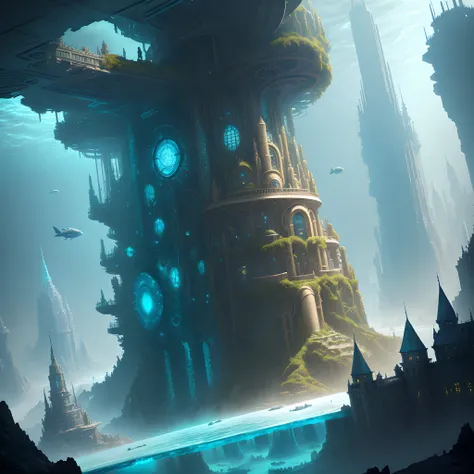 ((Need)), ((tmasterpiece)), (A detailed))，marvel universe，Under a large body of water，There is a futuristic translucent underwater ice palace, in fantasy sci - fi city, epic fantasy sci fi illustration, Underwater Science Fiction City, ancient steampunk ci...