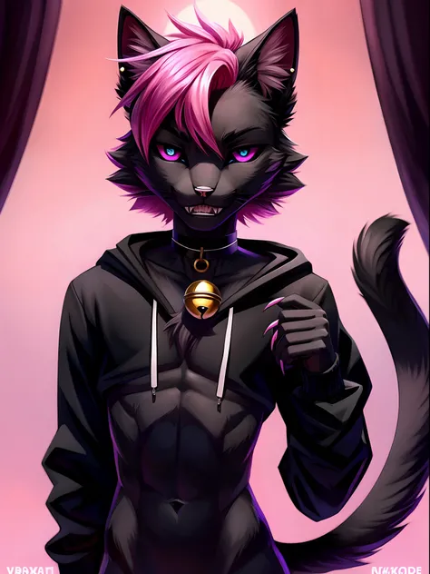 Furry, anthropomorphic animal, black and pink fur, black sclera, pink iris, is a cat, a small black claw mark on the bottom right and left of his eyes, body is made out of fur, sleek design of black and pink fur on his body and face, black diamond shape in...