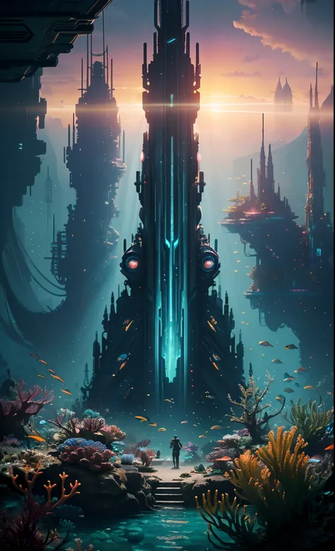 (Masterpiece), (extremly intricate:1.3), (Realistic), There is a large underwater futuristic wonderland，There are a lot of colorful fish inside, an underwater city, futuristic underwater metropolis, an underwater city, Underwater market, Colorful underwate...