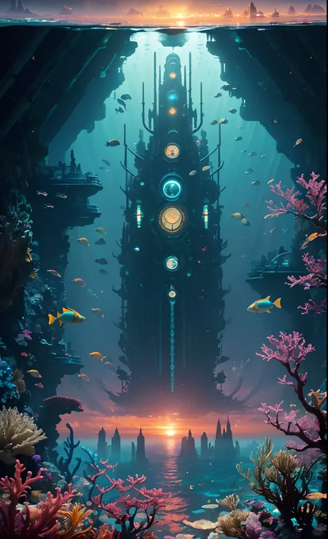 (Masterpiece), (extremly intricate:1.3), (Realistic), There is a large underwater futuristic wonderland，There are a lot of colorful fish inside, an underwater city, futuristic underwater metropolis, an underwater city, Underwater market, Colorful underwate...