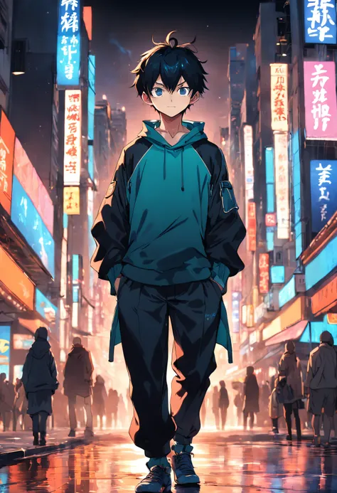 A boy, transformed into an anime style, with exaggerated unique facial features and clothing, standing on a bustling city street, backlit background highlighting the subject, high-contrast colors, 4K high-definition quality，young, smiling, handsome