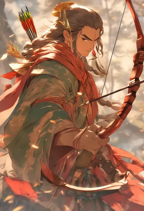 (((Man with bow and arrow))) best quality, ultra-high resolution, 4K detailed CG, master piece,Houyi, Chinese god,Chinese clothing, Chinese mythology, ((Archer)),Chinese painting style,Shui Mo Hua,Thangka style, aesthetic, ukiyo painting, canvas-centered