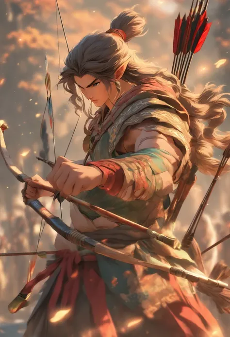 (((Man with bow and arrow))) best quality, ultra-high resolution, 4K detailed CG, master piece,Houyi, Chinese god,Chinese clothing, Chinese mythology, ((Archer)),Chinese painting style,Shui Mo Hua,Thangka style, aesthetic, ukiyo painting, canvas-centered