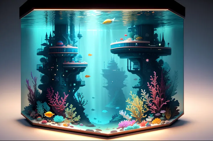 There is a large underwater futuristic wonderland underwater，There are a lot of colorful fish inside, an underwater city, futuristic underwater metropolis, an underwater city, Underwater market, Colorful underwater creatures，Colorful tropical fish，light  l...