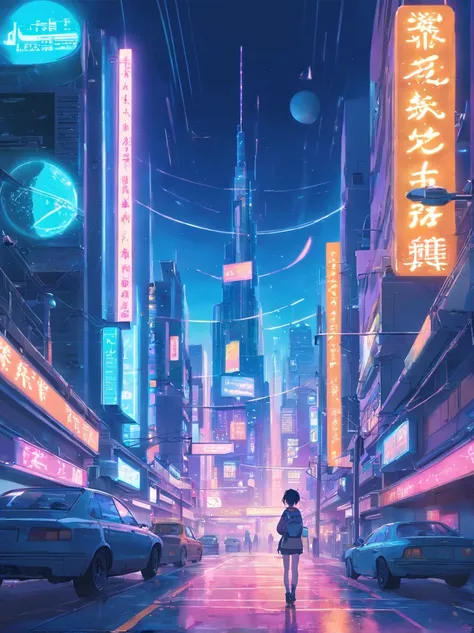 "Cyberpunk-inspired immersion, World of Neon Lights, Be mesmerized by the surreal sights of the planets that dominate the skies, Full of captivating digital artistry."