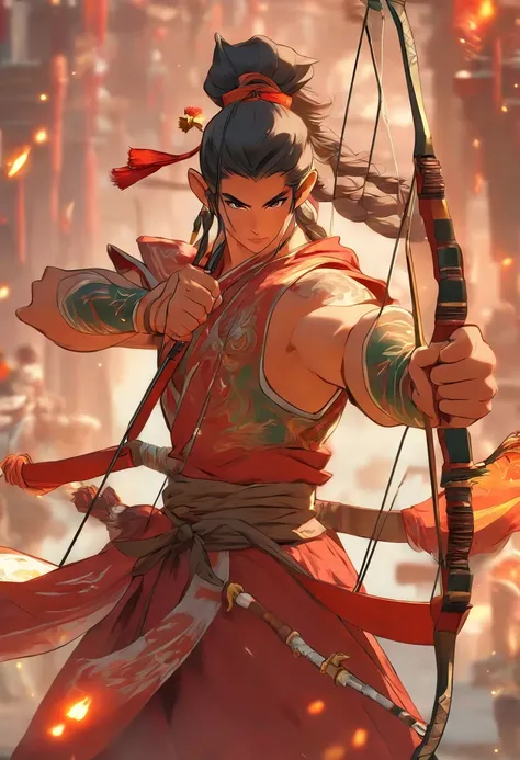 (((Chinese Archer God))) best quality, ultra-high resolution, 4K detailed CG, master piece,Houyi, Chinese God,Chinese clothing, Chinese mythology, ((Chinese man)),Chinese painting style,Shui Mo Hua,Thangka style, aesthetic, ukiyo painting, canvas-centered