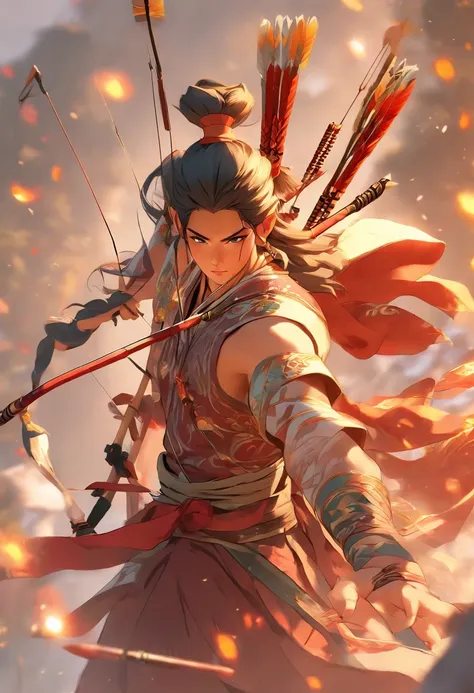 (((Chinese Archer God))) best quality, ultra-high resolution, 4K detailed CG, master piece,Houyi, Chinese God,Chinese clothing, Chinese mythology, ((Chinese man)),Chinese painting style,Shui Mo Hua,Thangka style, aesthetic, ukiyo painting, canvas-centered