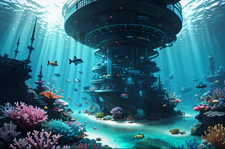 There is a large underwater futuristic wonderland，There are a lot of colorful fish inside, an underwater city, futuristic underwater metropolis, an underwater city, Underwater market, Colorful underwater creatures，Colorful tropical fish，light  leaks，depth ...