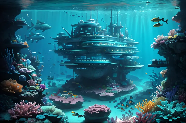 There is a large underwater futuristic wonderland，There are a lot of colorful fish inside, an underwater city, futuristic underwater metropolis, an underwater city, Underwater market, Colorful underwater creatures，Colorful tropical fish，light  leaks，depth ...