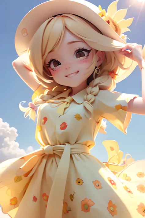 lolli girl in princess long yellow dress with sun flower style, charming face, blond hair with braid, cute smile in happyface, cap, cute ribbons, necktie, photoshot, summer sun beach