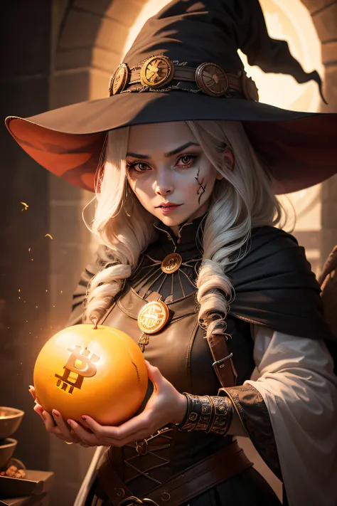 A female witch with a scary face who is creating Bitcoin digital currency and turning it into a heavenly fruit.